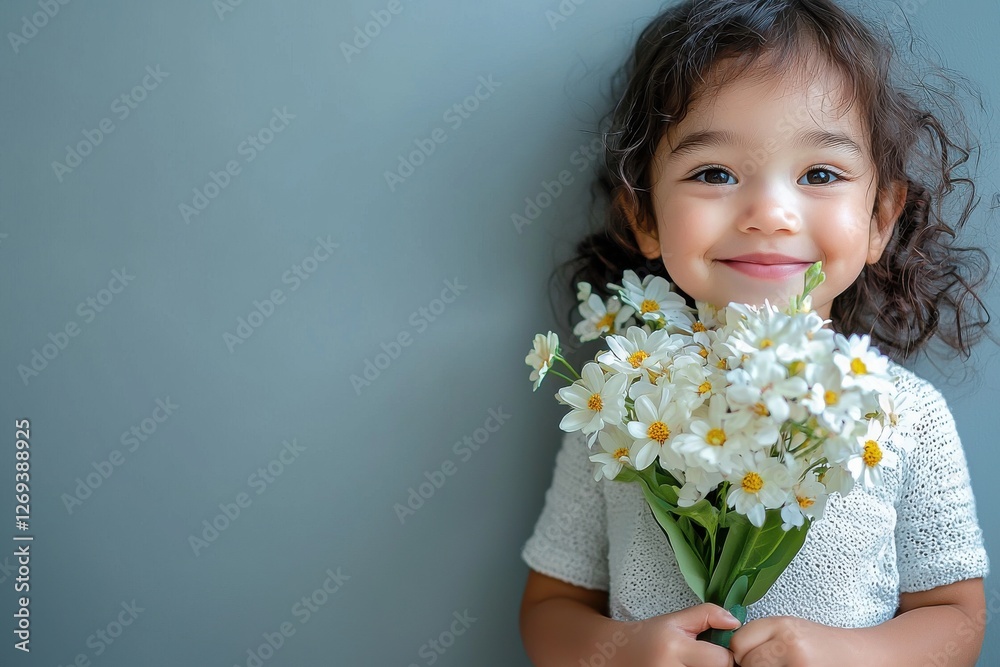 Charming little girl with curly hair beaming while holding a bouquet of daisies, dressed in a textured white top against a serene blue-grey background.