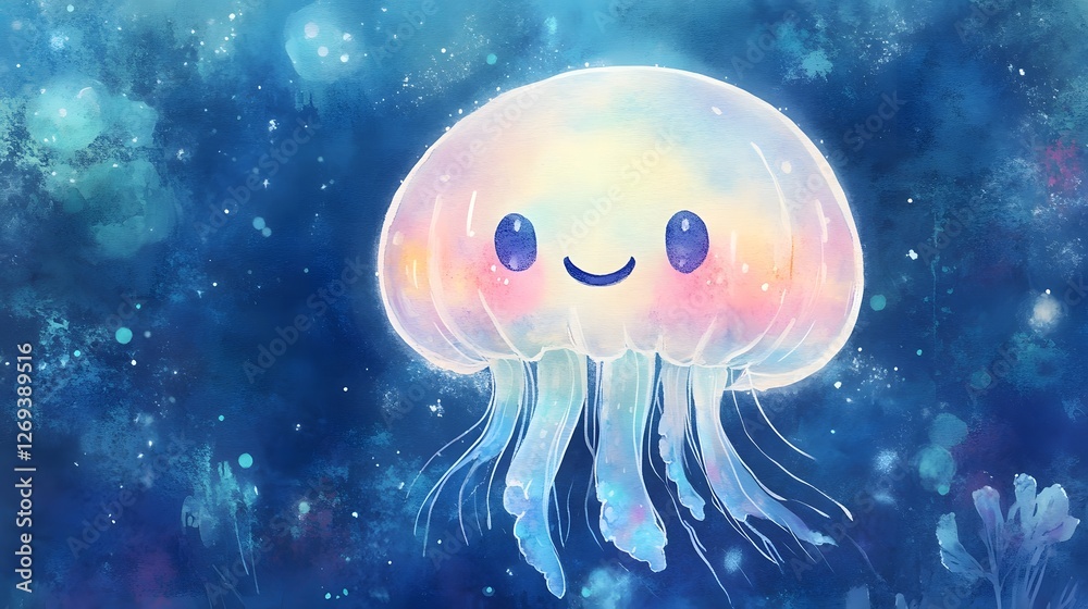 Naklejka premium Glowing Jellyfish-like Creature with Smiling Face Floating in Enchanted Pastel Sea