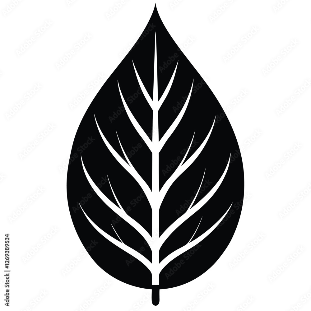 A clean, stylized silhouette of a leaf in black and white. A clean, stylized silhouette of a leaf in black and white.