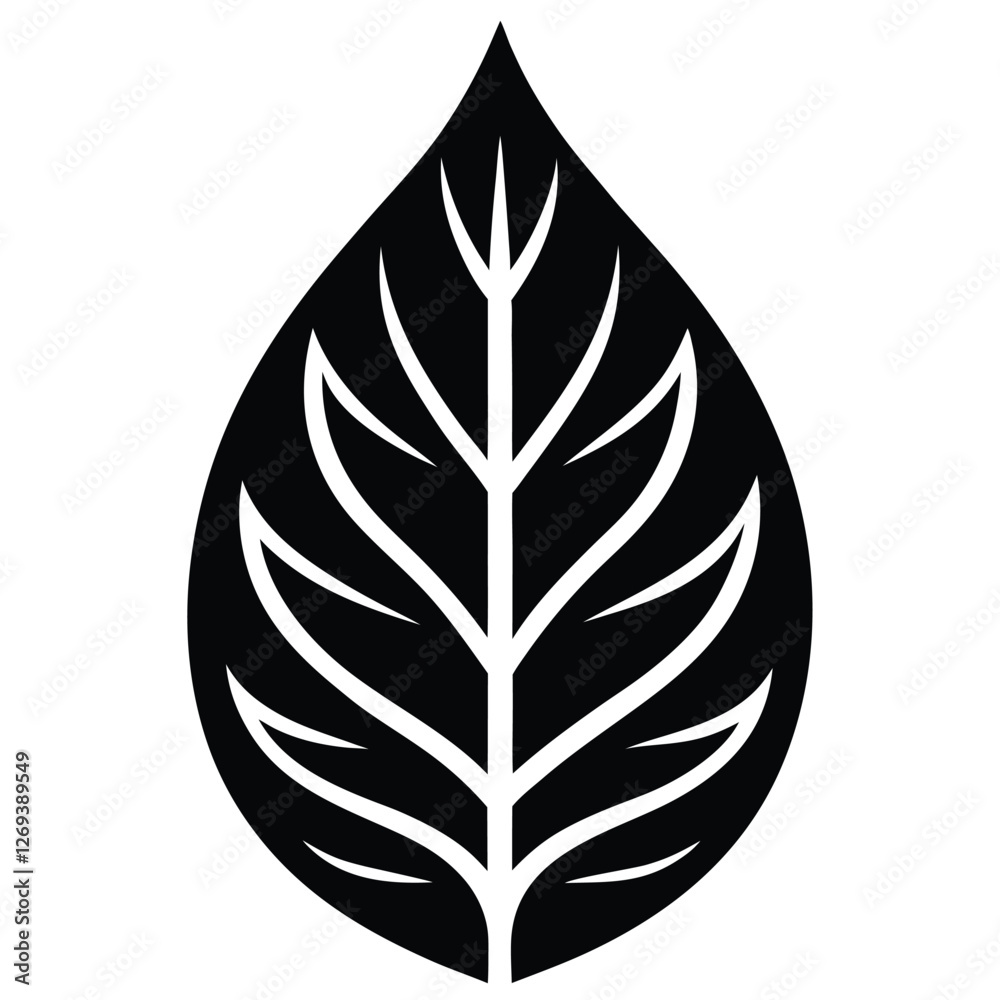 A clean, stylized silhouette of a leaf in black and white. A clean, stylized silhouette of a leaf in black and white.