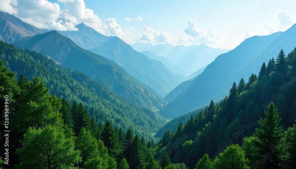 Fototapeta premium Dense forest surrounds rugged mountain ridges, nature, mountains