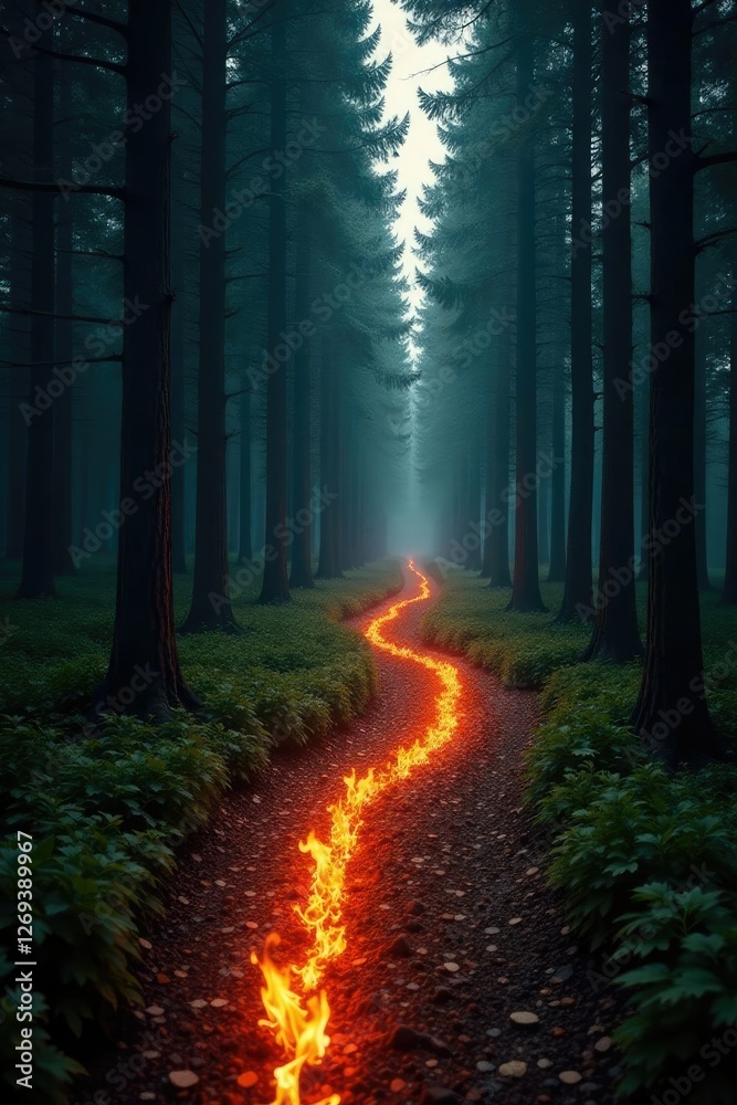 Fototapeta premium Dense forest path with fire trail in G shape on black background, forest trail, trees