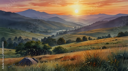 Sunset in the mountains and the sky looks a watercolor art