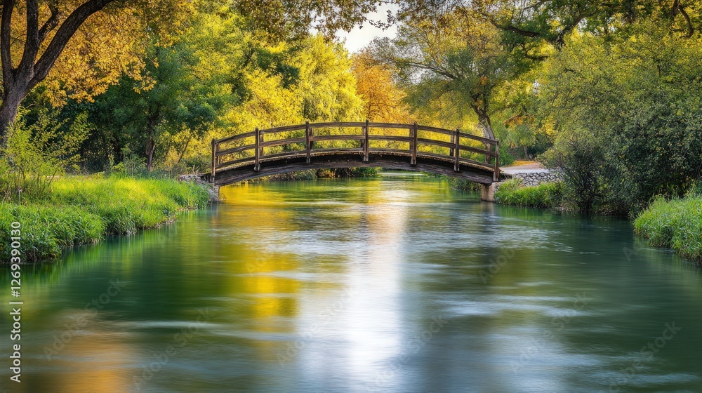 Wooden bridge over calm river in autumn park. Wooden bridge over calm river in autumn park.