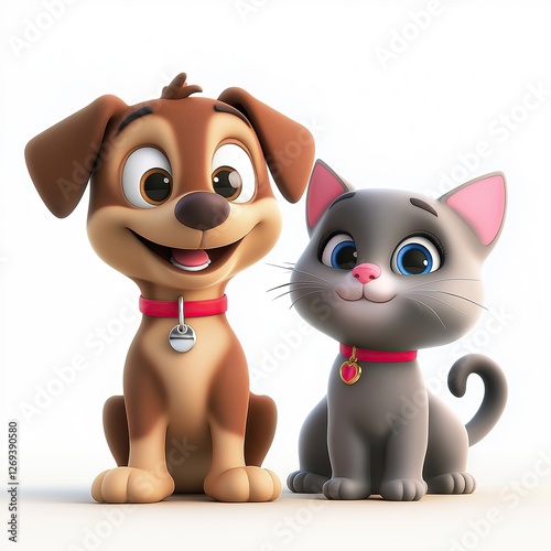 Wallpaper Mural 3D rendering a cartoon illustration of a dog and a cat. The dog is a brown puppy with big, round eyes and a big smile on its face. It is sitting next to the cat Torontodigital.ca