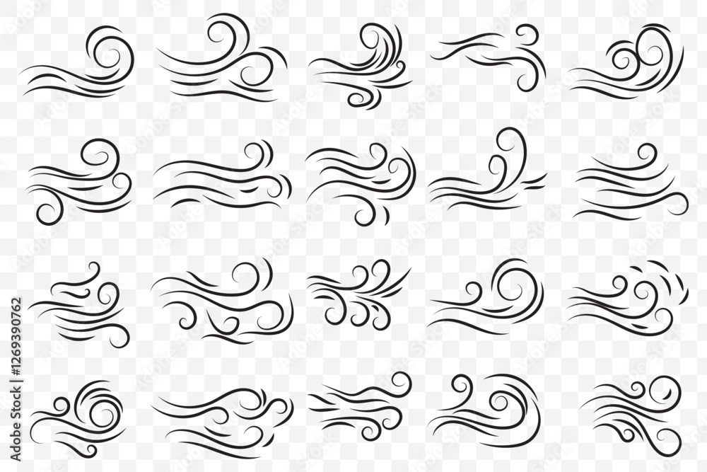 Doodle blowing wind. Hand drawn air wave icon. Outline wind movement symbol isolated on white background. Climate sketch element. Vector decorative dash lines in the shape of a curve. Doodle blowing wind. Hand drawn air wave icon. Outline wind movement symbol isolated on white background. Climate sketch element. Vector decorative dash lines in the shape of a curve.