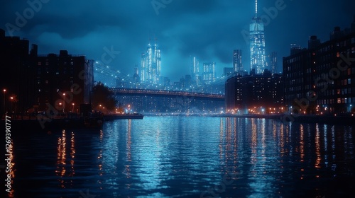 Night cityscape, bridge, river reflections, urban scene, futuristic feel