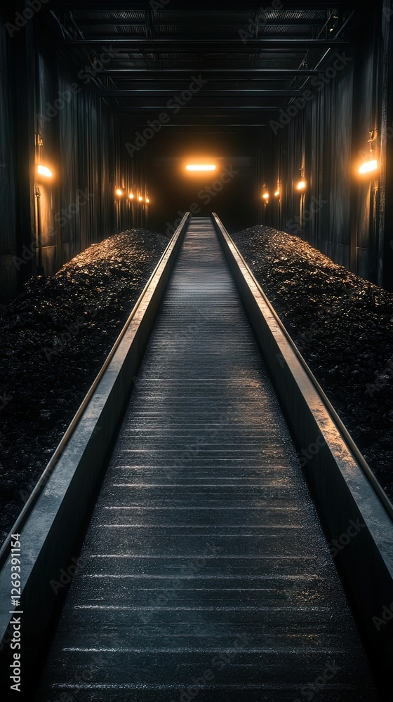 A dimly lit corridor with a walkway, flanked by glowing lights, leading into darkness, evoking an eerie and mysterious atmosphere. A dimly lit corridor with a walkway, flanked by glowing lights, leading into darkness, evoking an eerie and mysterious atmosphere.