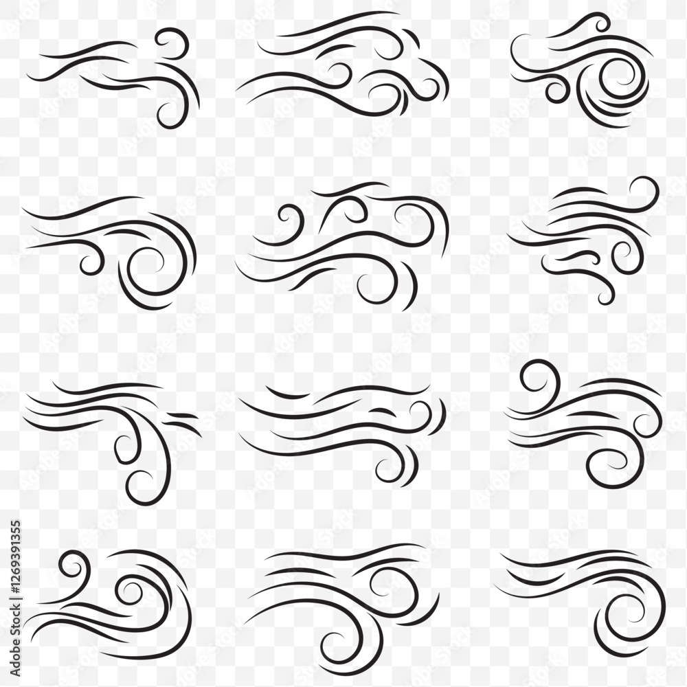 Fototapeta premium Blue air flow wave effect set. Waves showing a stream of clean fresh air. Png isolated and vector design element. Doodle blowing wind. EPS 10.