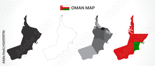 Detailed Oman Map Collection with Outline, Silhouette, Governorates, and Flag Overlay Variations