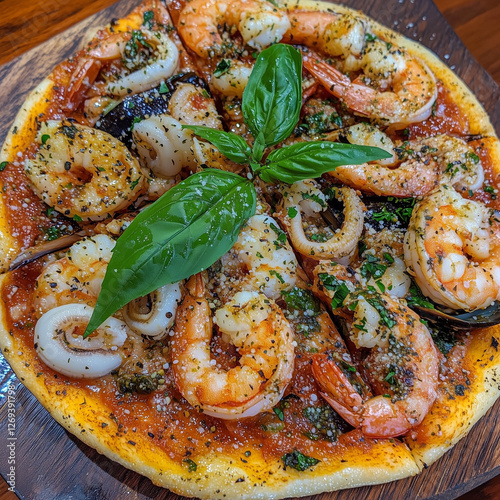 A crispy thin-crust pizza topped with a variety of fresh seafood. photo