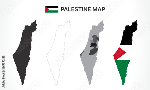 Detailed Palestine Map Collection with Outline, Silhouette, Governorates, and Flag Overlay Variations