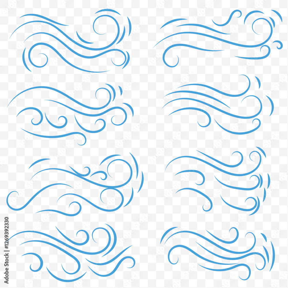 Wind icon set in blue design. Vector line art illustration isolated on Transparent background. Eps 10. Wind icon set in blue design. Vector line art illustration isolated on Transparent background. Eps 10.