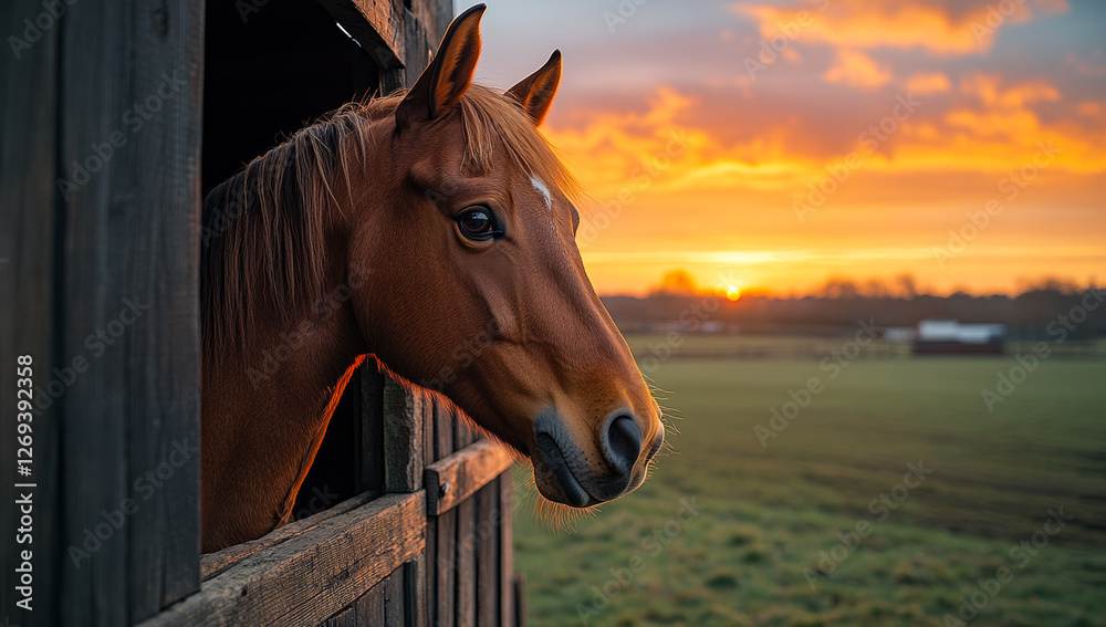 Obraz premium Horse gazes at sunset from barn window. A horse stands quietly at a barn window, watching the vibrant sunset over the fields in the evening light.