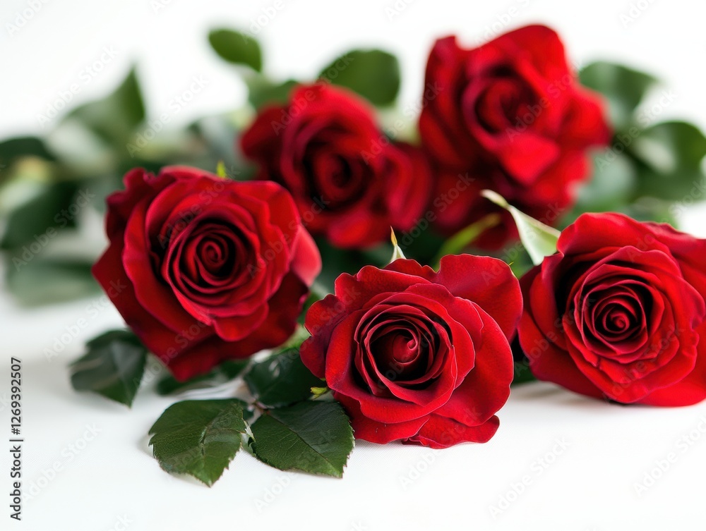 Fresh red roses arranged with green leaves on a light background in a vibrant display Fresh red roses arranged with green leaves on a light background in a vibrant display