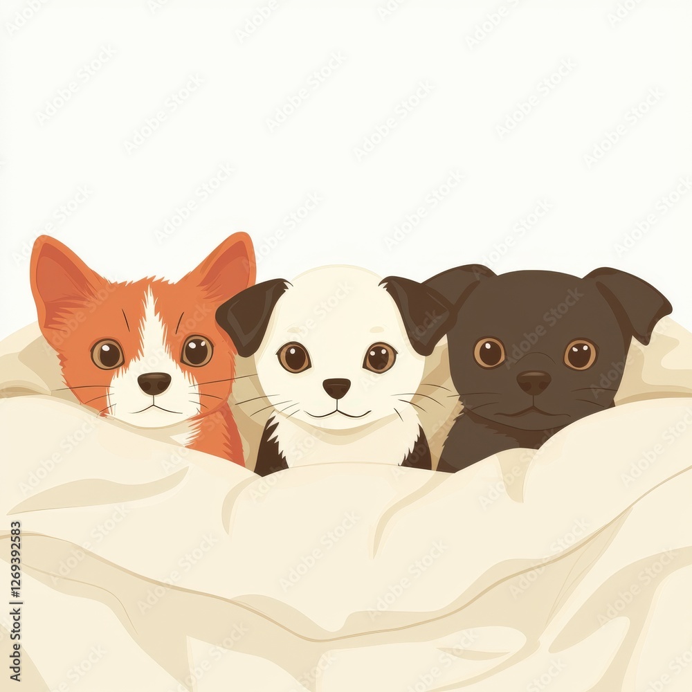 Obraz premium Sweet Minimal Illustration of Three Adorable Puppies and Kittens Together