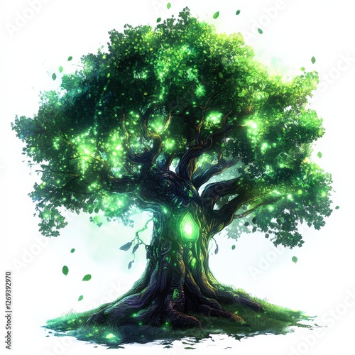 a mystical enchanted tree clipart, fantasy nature element, glowing green aura, isolated on white background