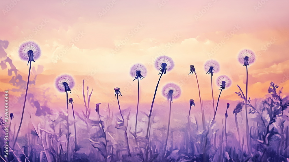 Fototapeta premium A dreamy meadow filled with blooming wildflowers in soft pastel shades of pink, white, and purple, bathed in the golden glow of the sun. Beautiful nature background.