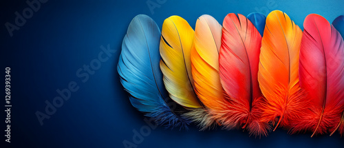 Vibrant row of feathers. A rainbow of vibrant feathers aligns beautifully against a blue backdrop, creating a striking display.
