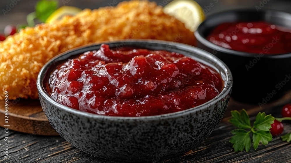 Cranberry sauce, fried fish, dark wood, autumnal food photography, recipe Cranberry sauce, fried fish, dark wood, autumnal food photography, recipe