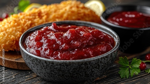 Cranberry sauce, fried fish, dark wood, autumnal food photography, recipe photo