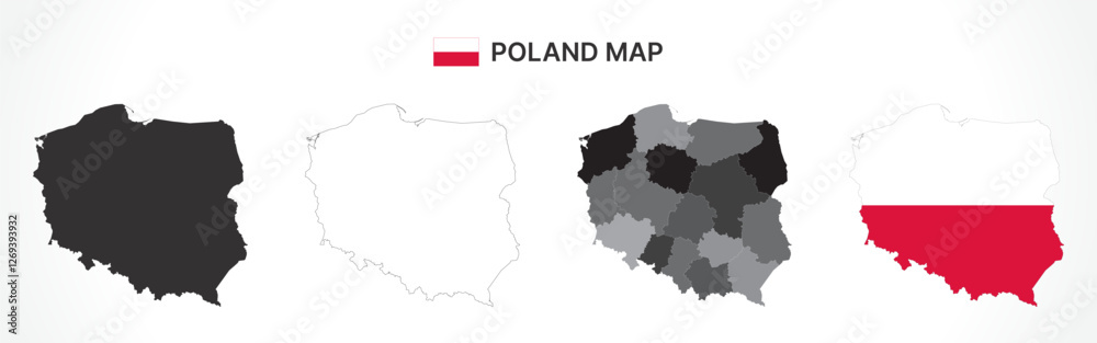 Fototapeta premium Detailed Poland Map Collection with Outline, Silhouette, Voivodeships, and Flag Overlay Variations