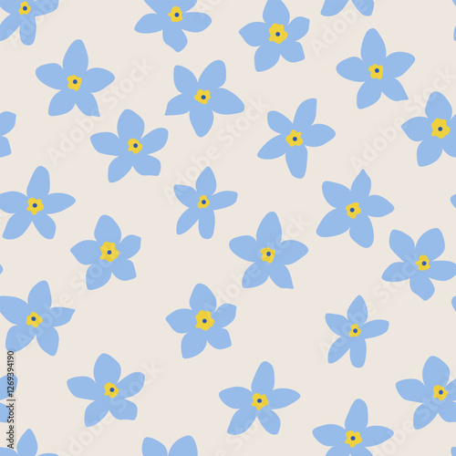 Botanical seamless pattern with blue flowers of forget me nots. Vector flat background of small buds