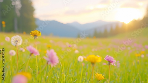 A dreamy meadow filled with blooming wildflowers in soft pastel shades of pink, white, and purple, bathed in the golden glow of the sun. Beautiful nature background.