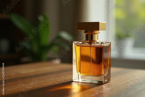 Perfume bottle on a wooden table with matching gold accents, bottlearrangement, goldaccents photo