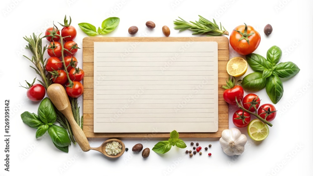 Blank Recipe Card with Herbs and Vegetables on Wooden Cutting Board Blank Recipe Card with Herbs and Vegetables on Wooden Cutting Board