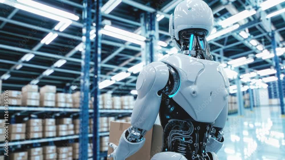 Glowing blue autonomous machine manages inventory. Sophisticated humanoid unit processes cardboard shipments within climate-controlled distribution center. Stationary wide shot. Glowing blue autonomous machine manages inventory. Sophisticated humanoid unit processes cardboard shipments within climate-controlled distribution center. Stationary wide shot.