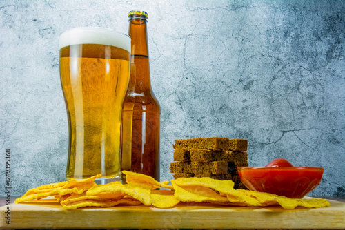 Lager beer and snacks on stone table. Cracker, chips side view