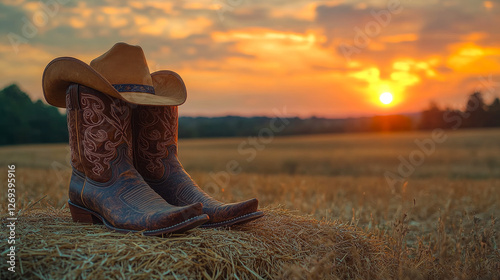 Sunset in cowboy gear. Rustic cowboy boots and a hat rest on hay as the sun sets behind rolling hills, creating a warm, serene atmosphere.