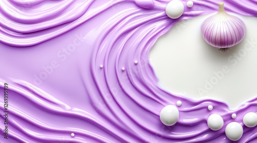 Abstract food photography featuring a single garlic clove on a white background, surrounded by swirls of light purple cream and white pearl like photo