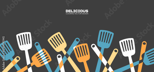 Kitchen utensil vector border. Food art spatula decorative element.
