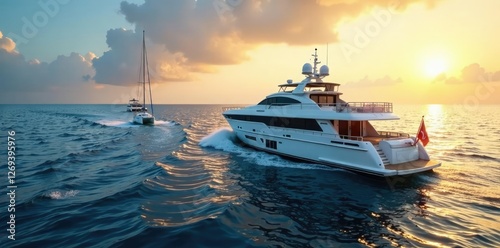 Small boats towing behind a yacht on the high seas, towing, high seas, sailing boats