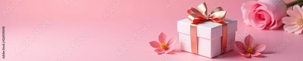Obraz premium Small gift box with pink background, white rose gold bow on top, flowers, rose gold
