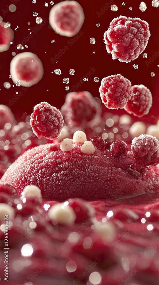 Fototapeta premium Frozen raspberries and cream swirl creating a vibrant dessert experience during a culinary presentation