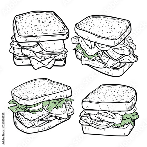 A set of sandwich with fresh vegetable, coloring page for kids,
