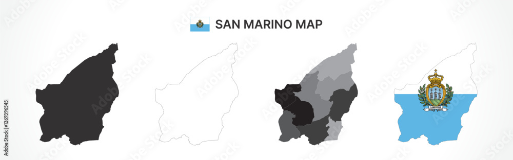 Detailed San Marino Map Collection with Outline, Silhouette, Municipalities, and Flag Overlay Variations Detailed San Marino Map Collection with Outline, Silhouette, Municipalities, and Flag Overlay Variations