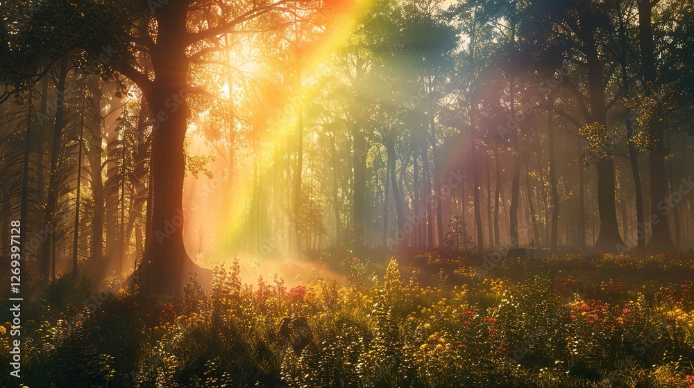 Fototapeta premium Enchanted Forest Under a Dreamy Rainbow: A Magical Background Image Featuring Lush Greenery, Vibrant Colors, and Ethereal Light Effects – Perfect for Fantasy Art, Nature-Inspired Design, and Outdoor A