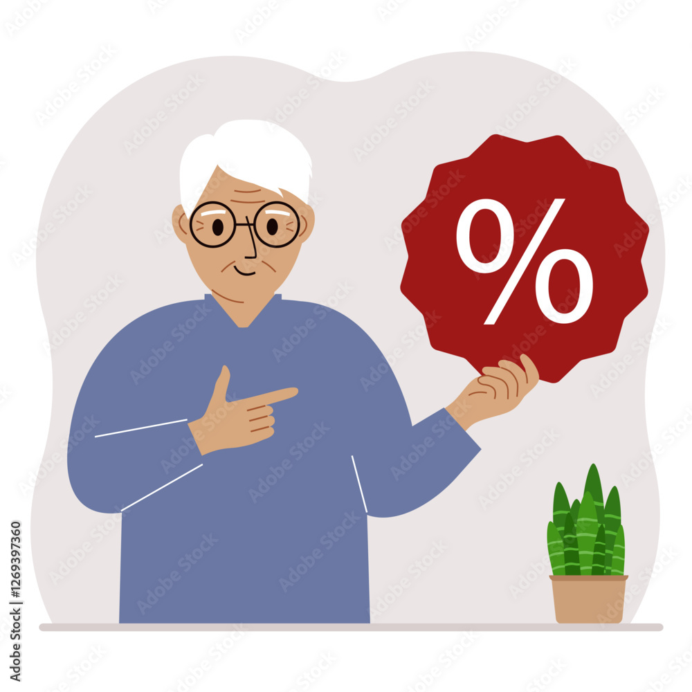 A man holds a percent sign in his hand. The concept of percentage, discount, promotion, interest rate, percent discount in shopping. Vector flat illustration A man holds a percent sign in his hand. The concept of percentage, discount, promotion, interest rate, percent discount in shopping. Vector flat illustration