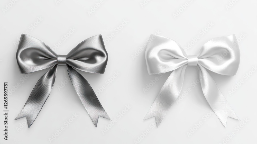 Naklejka premium Silver and white satin bows on white background; gift wrapping