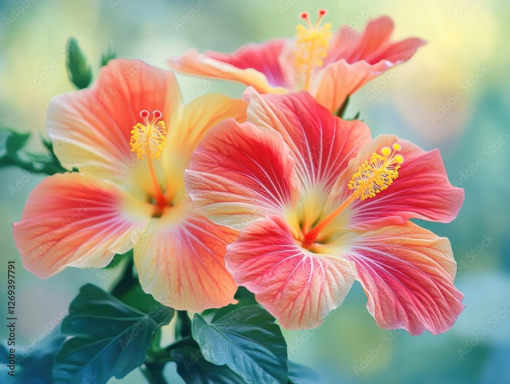 Vibrant hibiscus flowers blooming in a lush garden during sunny spring afternoon Vibrant hibiscus flowers blooming in a lush garden during sunny spring afternoon