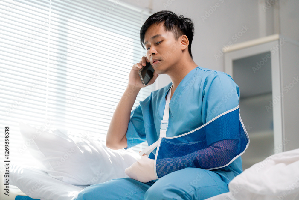 Young Asian patient resting in hospital bed, wearing arm sling and messaging on smartphone, staying connected during medical recovery Young Asian patient resting in hospital bed, wearing arm sling and messaging on smartphone, staying connected during medical recovery