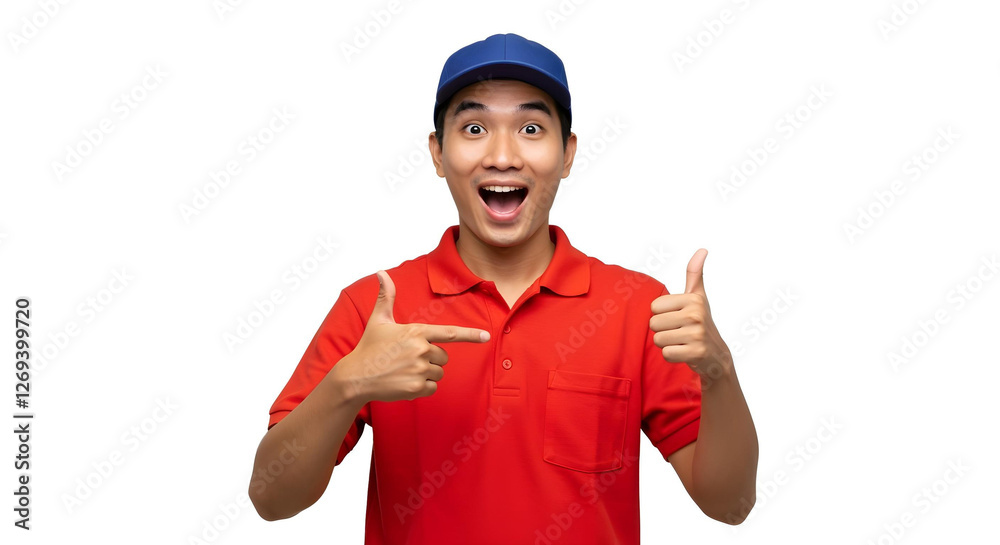 Excited Asian delivery man pointing with thumb at empty copy space for text or advertisement such as free shipping promos, express delivery, special offers, or discounts. Isolated on white background Excited Asian delivery man pointing with thumb at empty copy space for text or advertisement such as free shipping promos, express delivery, special offers, or discounts. Isolated on white background