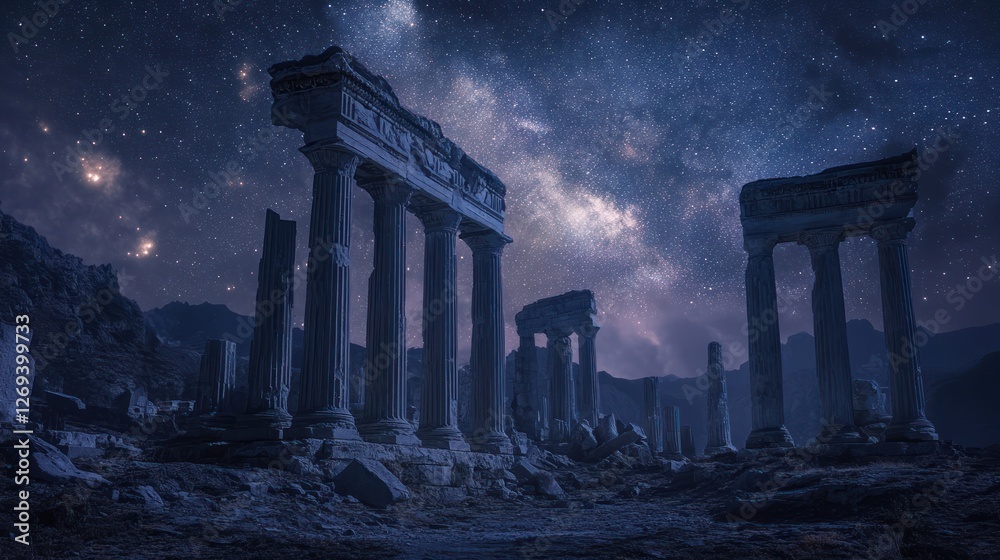 Fototapeta premium Ancient ruins under starry night sky, mountains background, travel photography