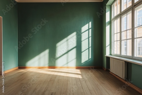 Natural sunlight streams through windows in a green room with wooden floors a...