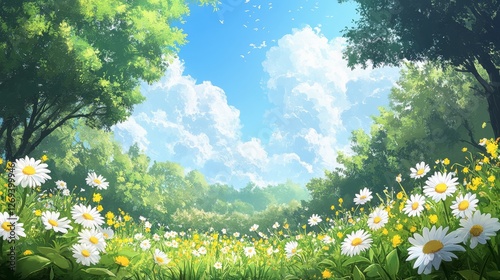 Bright flower field under a clear blue sky with fluffy white clouds in spring...