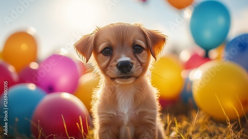 Happy puppy sitting among colorful balloons under a bright blue sky on a sunn...